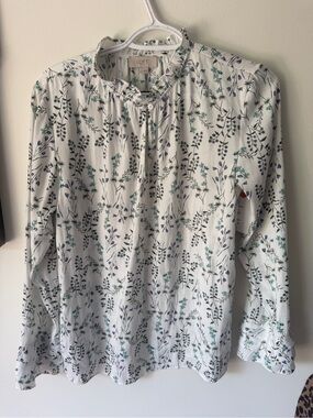 LOFT White Floral Ruffle-Neck Blouse with Blue-Green Print